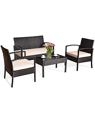 4PCS Patio Rattan Conversation Furniture Set Cushioned Seat Glass Table