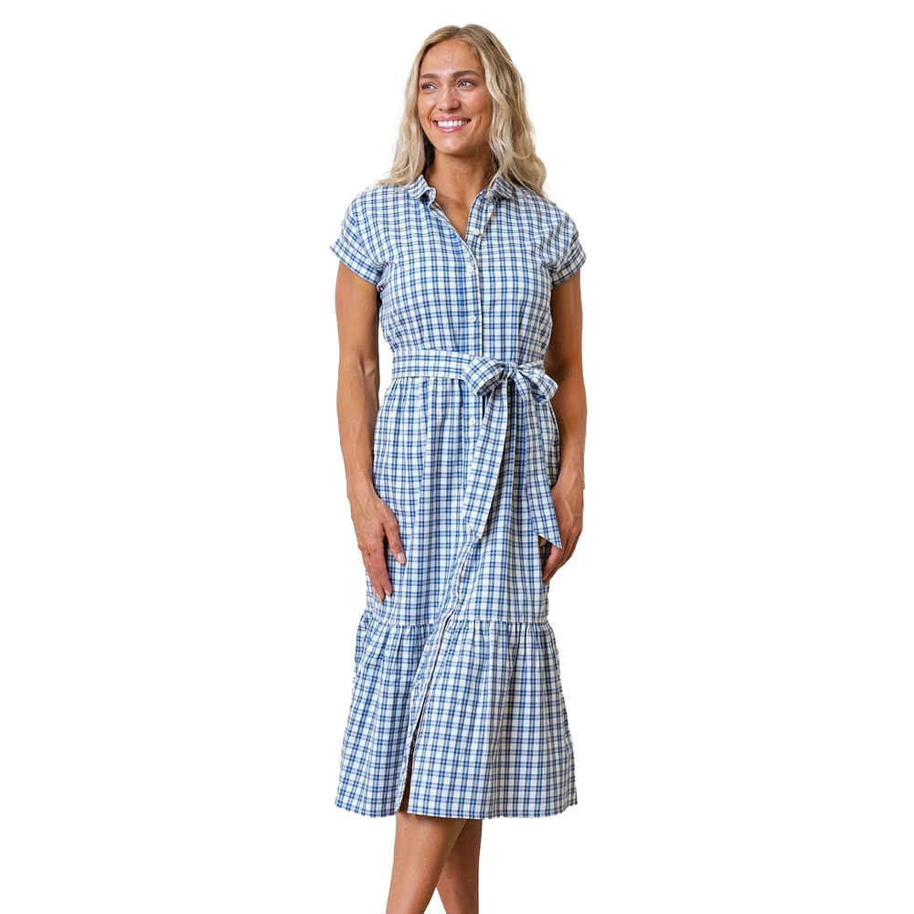 Hope & Henry Women's Short Sleeve Button Front Tiered Midi Dress with Waist Sash