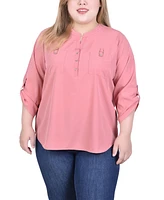 Ny Collection Plus 3/4 Tabbed Sleeve Y Neck Blouse