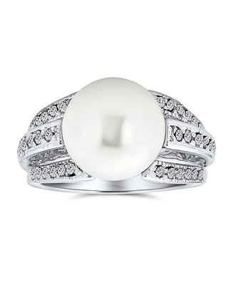 Bling Jewelry Pave Cz Solitaire White Simulated Pearl Fashion Statement Ring Silver Plated Brass