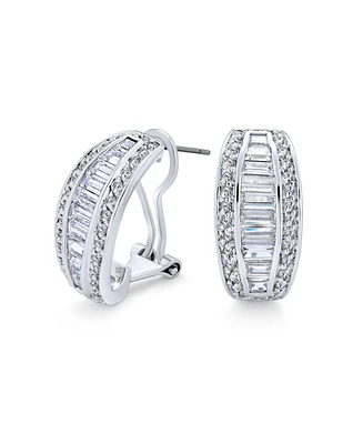 Bling Jewelry Statement Cz Baguette Half Hoop Earrings Prom Holiday Party Pierced Ear Stabilizing Omega Clip Back Rhodium Plated Brass