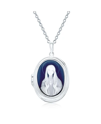 Bling Jewelry Holds Picture Antique Style Blue Our Lady Of Guadalupe Oval Virgin Mary Cameo Photo Locket Pendant Necklace Sterling Silver