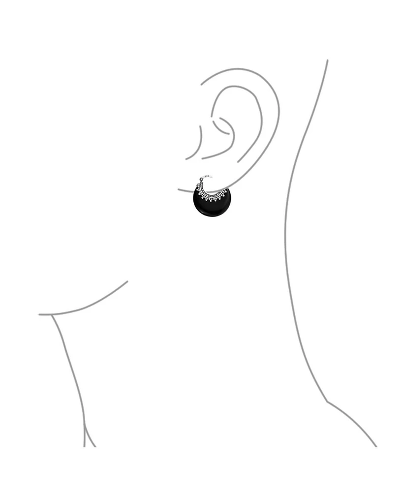 Bling Jewelry Tribal Black Natural Onyx Round Half Crescent Hoop Earrings Oxidized Milgrain Caviar Bead Sterling Silver