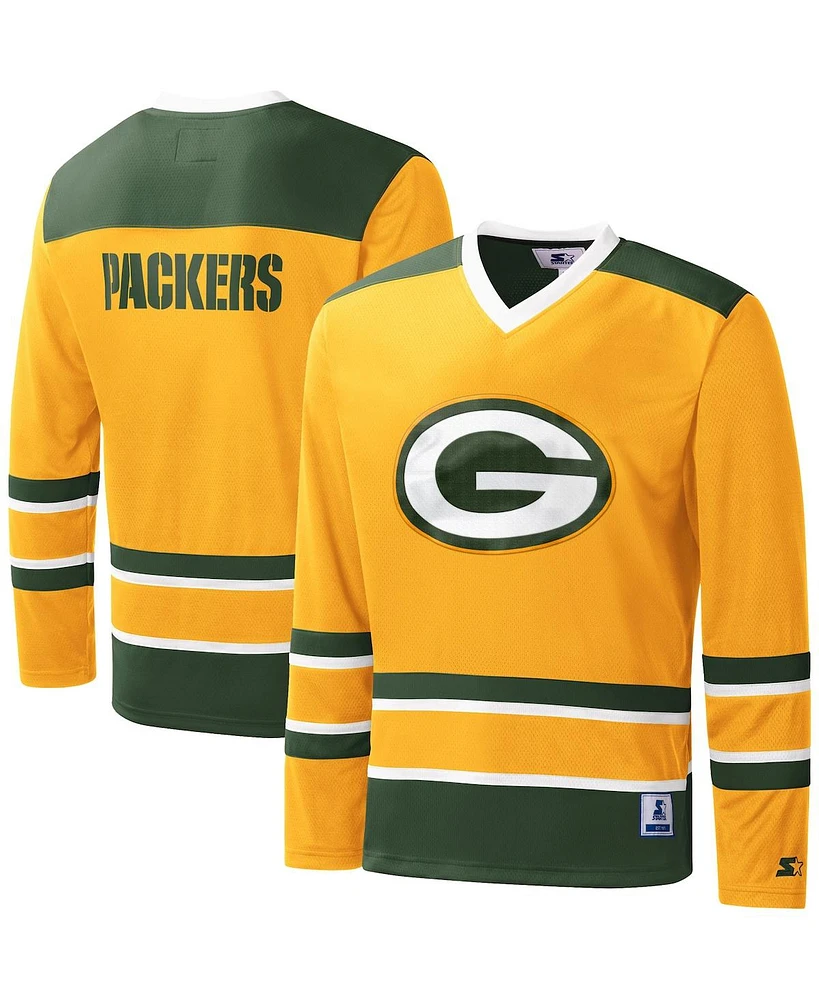 Men's Starter Gold Green Bay Packers Cross-Check V-Neck Long Sleeve T-shirt