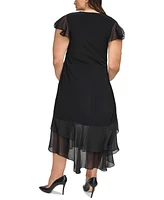 Tommy Hilfiger Women's Plus Flutter-sleeve Ruffle High-low A-line Dress