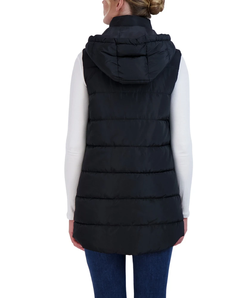 Sebby Collection Women's Long Puffer Vest with Detachable Hood