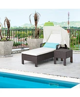 2PCS Patio Rattan Lounge Chair Chaise with Side Table Folding Canopy Cushion Pillow