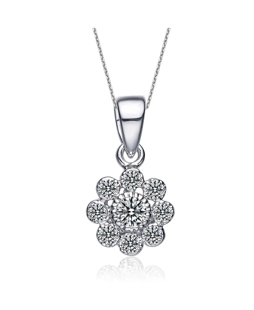 Cubic Zirconia Sterling Silver Round Flower Shape Drop Pendant