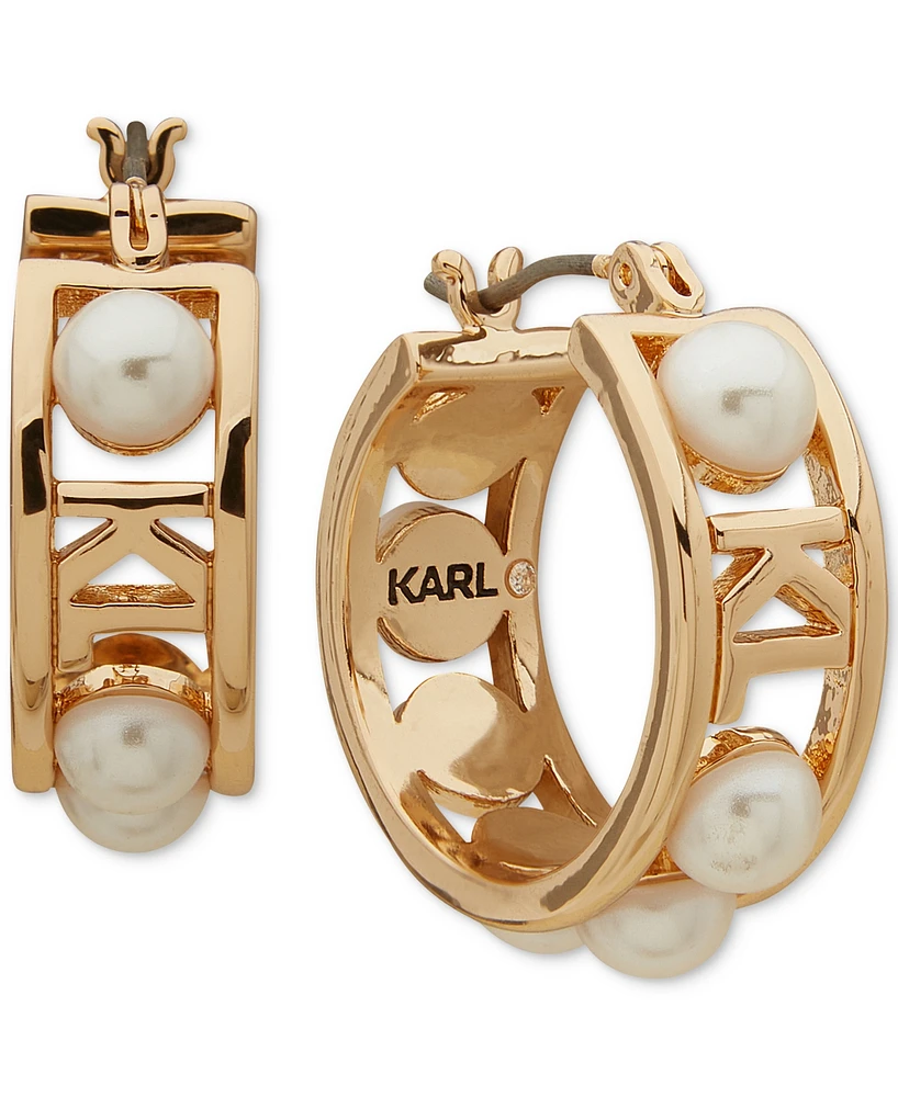 Karl Lagerfeld Paris Women's Gold-Tone Imitation-Pearl Hoop Earrings, 3/4"