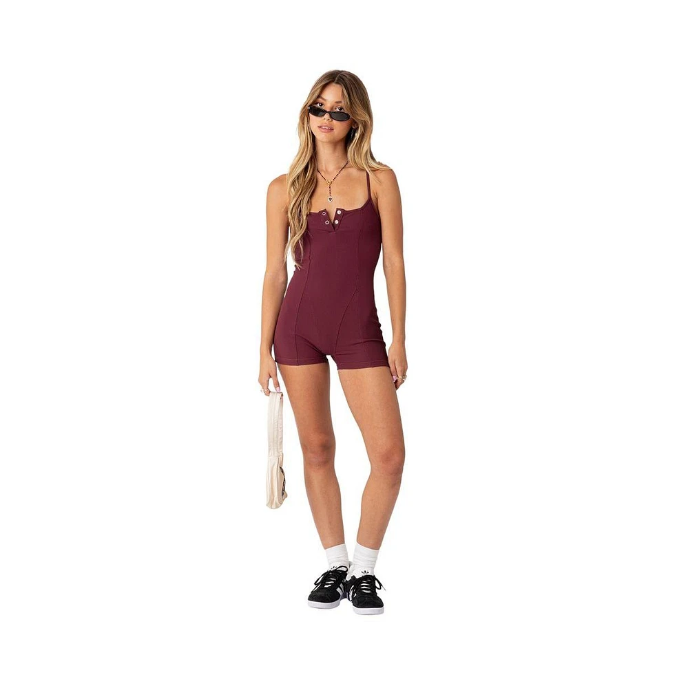 Women's Henley Ribbed Romper