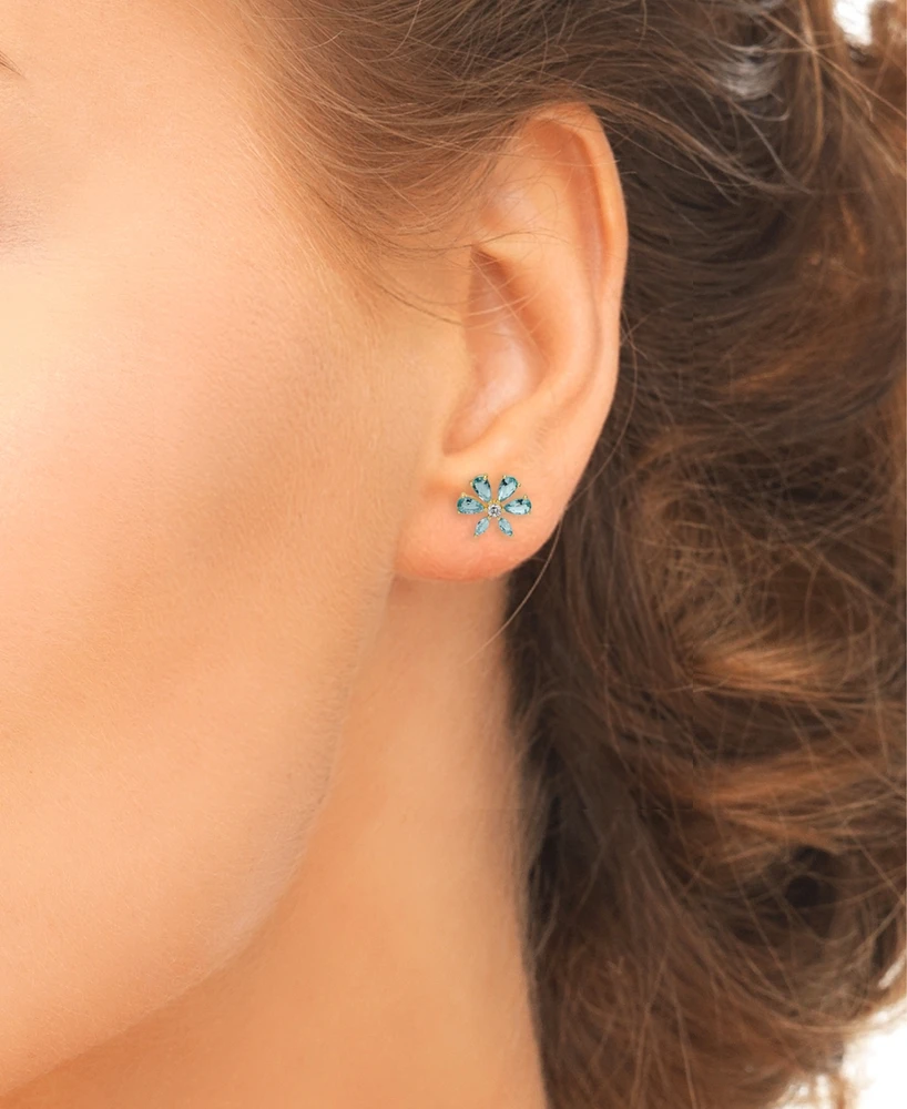 Lab-Grown Aquamarine (1-7/8 ct. t.w.) & Lab-Grown White Sapphire (1/5 ct. t.w.) Flower Stud Earrings in 14k Gold-Plated Sterling Silver