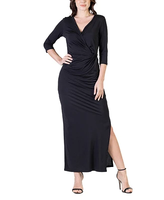 24seven Comfort Apparel Women's Fitted V-neck Side Slit Maxi Dress