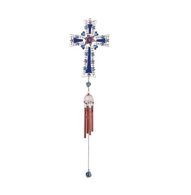 26" Long Blue Cross Wind Chime with Gem
