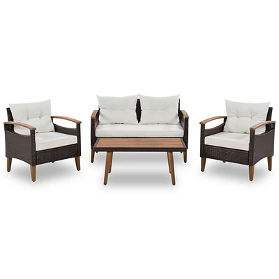 4-Piece Garden Furniture, Patio Seating Set, Pe Rattan Outdoor Sofa Set, Wood Table And Legs