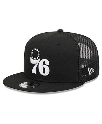 Men's New Era Black Philadelphia 76ers Evergreen 9FIFTY Trucker Snapback Hat