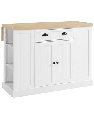 Homcom 47" Fluted-Style Wooden Kitchen Island, Kitchen Countertop Storage Cabinet with Drop Leaf, Drawer, Open Shelves, Storage, White