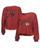 Women's Majestic Threads Patrick Mahomes Red Kansas City Chiefs Name and Number Off-Shoulder Script Cropped Long Sleeve V-Neck T-shirt