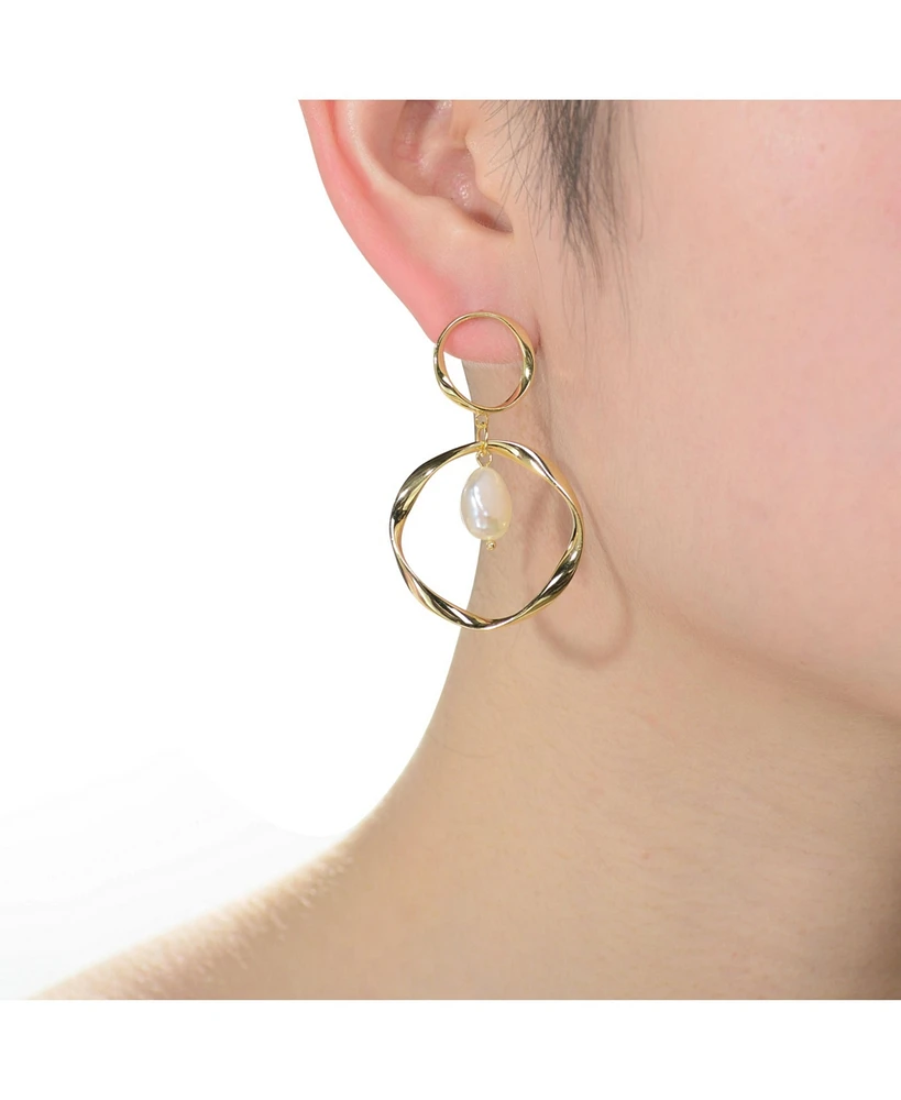 Genevive Classy Sterling Silver 14K Gold Plating and Genuine Freshwater Pearl DanglingEarrings