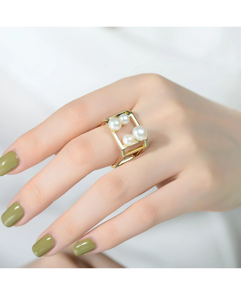 Sterling Silver 14K Gold Plated 5-7MM Fresh Water Pearls Geometric Ring