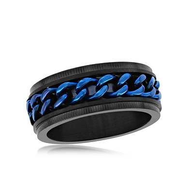 Stainless Steel Blue Cuban Link Ring - Black Plated