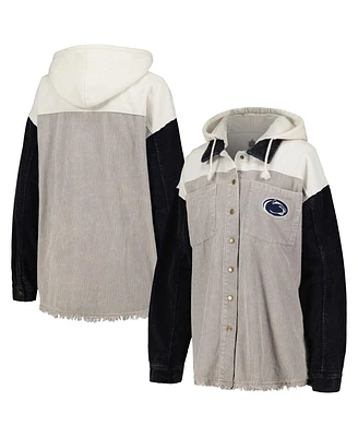 Women's Gameday Couture Gray Distressed Penn State Nittany Lions Vintage-Like Wash Corduroy Full-Snap Hooded Shacket