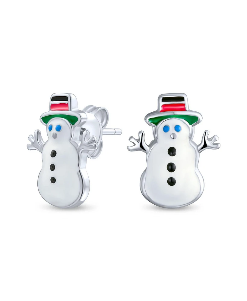 Bling Jewelry Small Fun Holiday Cartoon Christmas Winter White Enamel Frosty Snowman Stud Earrings Sterling Silver