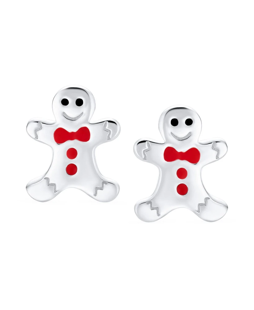 Bling Jewelry Small Fun Holiday Cartoon Christmas Winter Enamel Bow Tie Gingerbread man Stud Earrings Sterling Silver