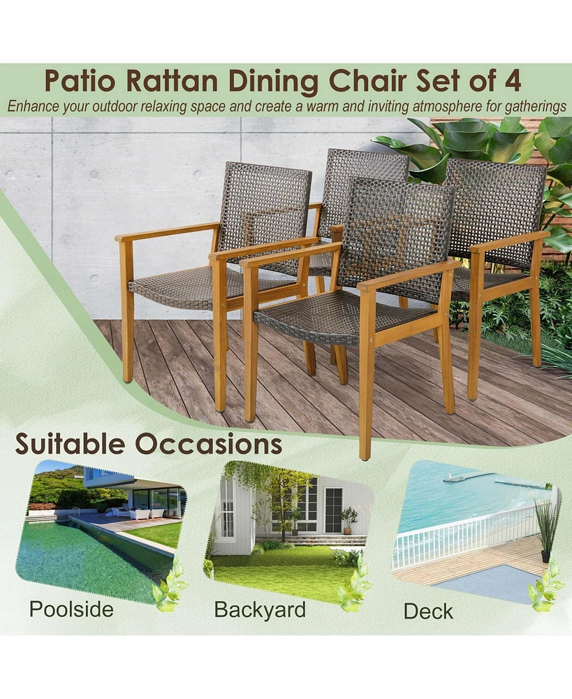 Set of 4 Patio Dining Chairs Outdoor Acacia Wood Rattan Armchairs Garden
