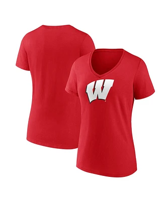 Women's Fanatics Red Wisconsin Badgers Evergreen Logo V-Neck T-shirt