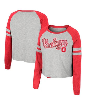 Women's Colosseum Heather Gray Ohio State Buckeyes I'm Gliding Here Raglan Long Sleeve Cropped T-shirt