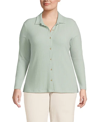 Lands' End Women's Plus Long Sleeve Wide Rib Button Front Polo Shirt