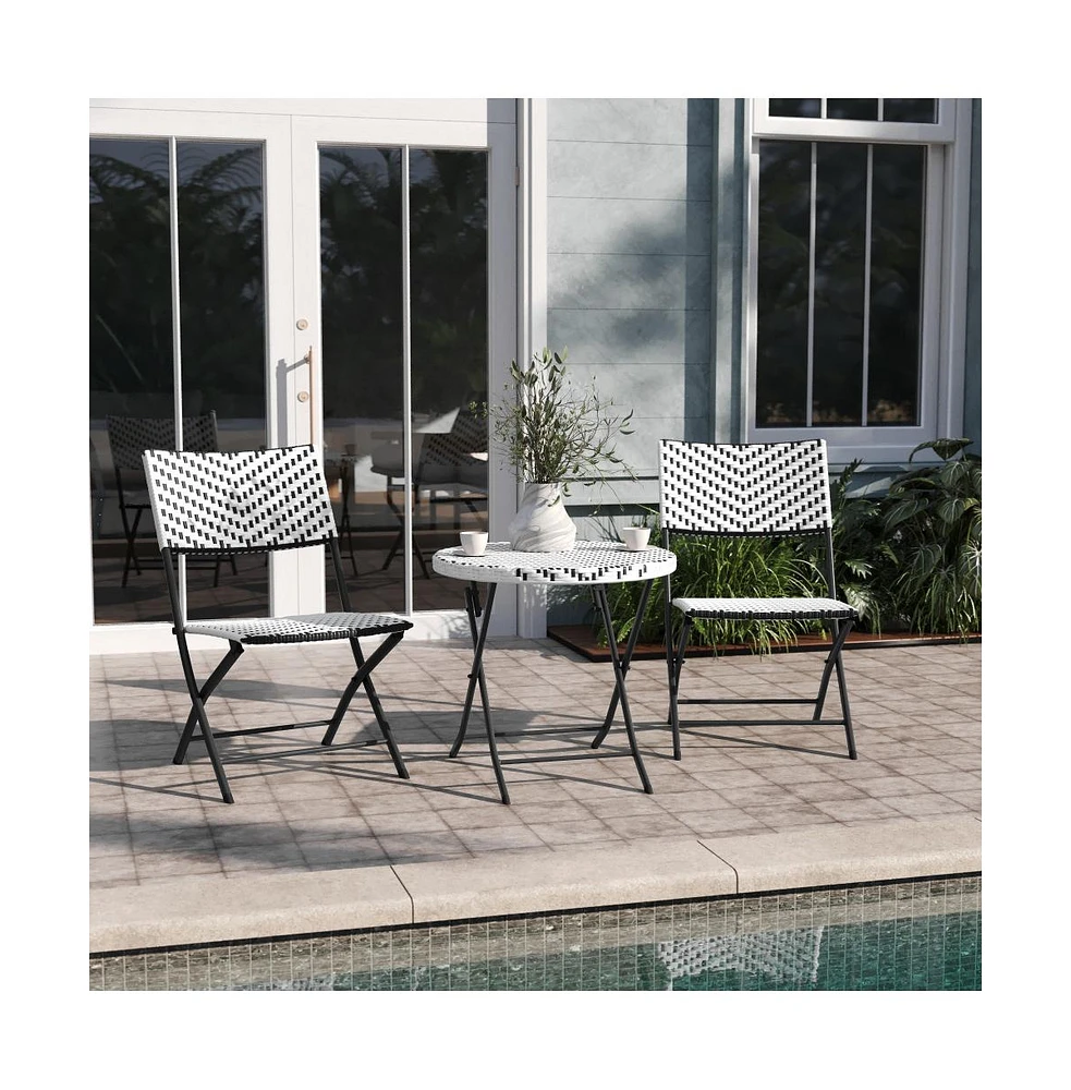 Emma+Oliver Ciel Three Piece Folding Bistro Set Pe Rattan With Metal Frames For Indoor And Outdoor Use