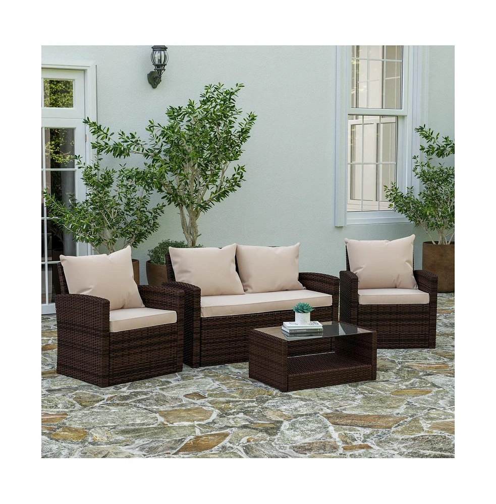 Atlas 4 Piece Patio Set Contemporary Loveseat, 2 Chair And Coffee Table With Back Pillows Seat Cushions