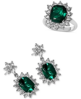 Effy Lab Grown Emerald Lab Grown Diamond Halo Ring Drop Earrings Collection In 14k White Gold