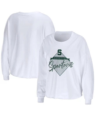 Women's Wear by Erin Andrews White Michigan State Spartans Diamond Long Sleeve Cropped T-shirt