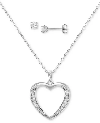 Giani Bernini 2-Pc. Set Cubic Zirconia Open Heart Pendant Necklace & Solitaire Stud Earrings in Sterling Silver, Created for Macy's