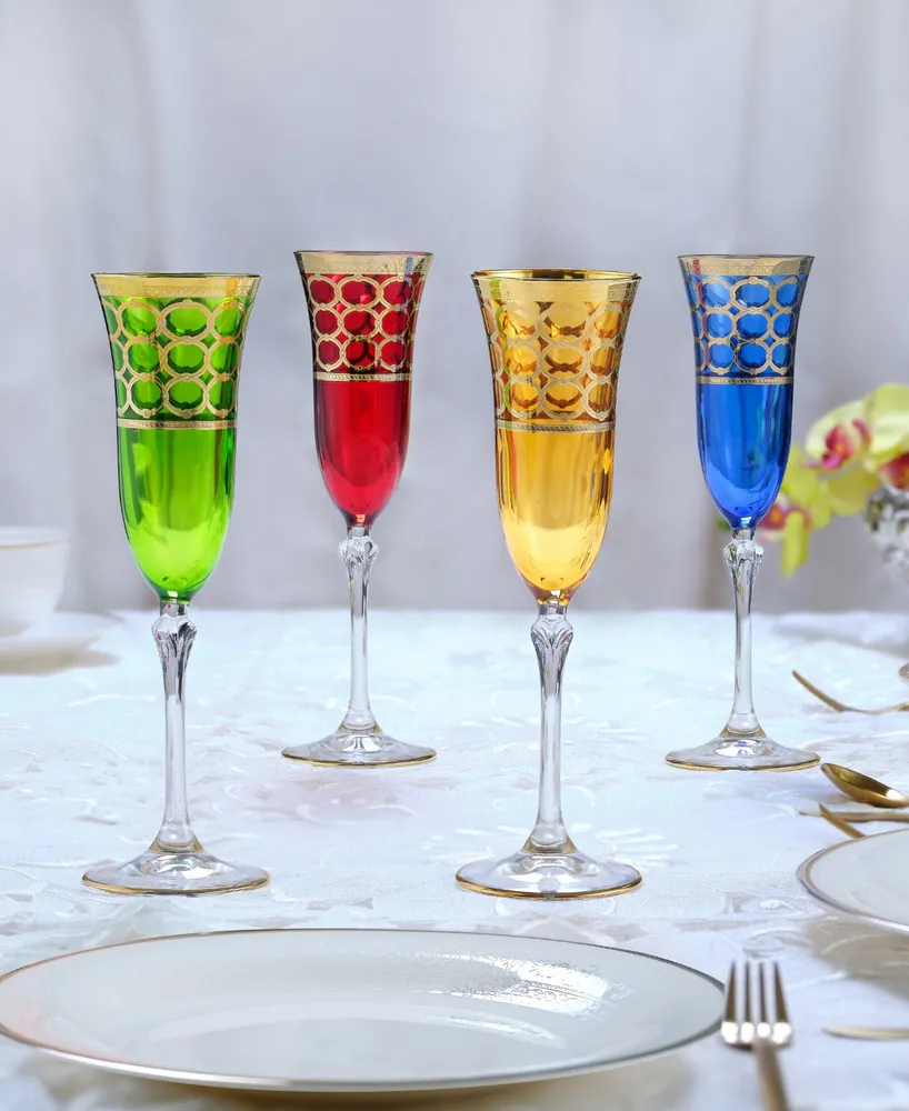 Lorren Home Trends Multicolor Champagne Flutes with Gold-Tone Rings, Set of 4