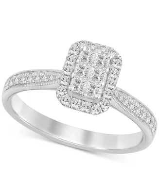 Diamond Emerald Shaped Halo Cluster Engagement Ring (1/2 ct. t.w.) in 14k White Gold