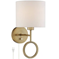Amidon Modern Indoor Wall Mount Lamp Warm Brass Metal Ring Plug In Light Fixture Dimmable White Drum Shade for Bedroom Bedside House Reading Living Ro