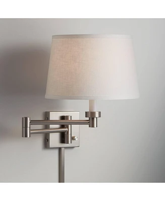 Modern Swing Arm Wall Lamp with Cord Cover Brushed Nickel Plug-In Light Fixture White Linen Tapered Drum Shade for Bedroom Bedside House Reading Livin