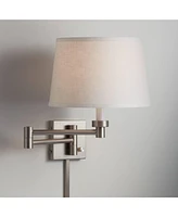 Modern Swing Arm Wall Lamp with Cord Cover Brushed Nickel Plug-In Light Fixture White Linen Tapered Drum Shade for Bedroom Bedside House Reading Livin
