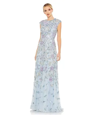 Mac Duggal Women's Sequined High Neck Cap Sleeve A Line Gown