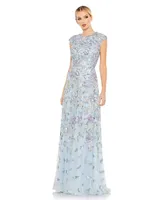 Mac Duggal Women's Sequined High Neck Cap Sleeve A Line Gown
