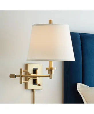 Elegant Modern Swing Arm Wall Lamp Brushed Satin Brass Plug-In Light Fixture Dimmable White Linen Empire Shade for Bedroom Bedside House Reading Livin