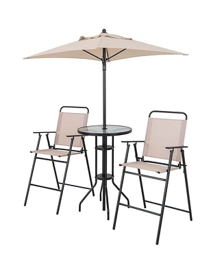 4PCS Patio Bistro Set Folding Counter Height Chairs Round Bar Table& Umbrella