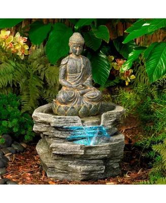 Sitting Buddha 21" High Large Zen Asian Indoor Outdoor Decor Faux Stone Floor Fountain with Light Led Standing Waterfall Water Feature for Outsid