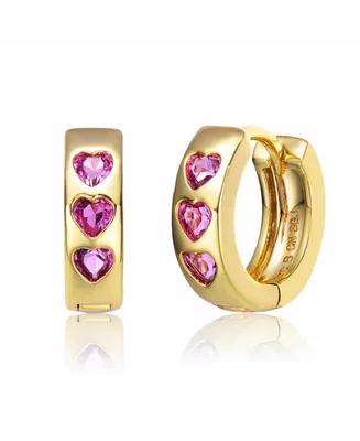 GiGiGirl Kids Young/Teens 14k Yellow Gold Plated with Heart Pink Cubic Zirconia Triple Stone Round Hoop Earrings
