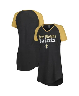 Women's Concepts Sport Black, Gold Distressed New Orleans Saints Raglan V-Neck Nightshirt