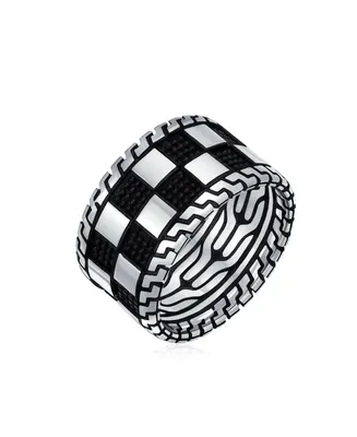 Bling Jewelry Inside Out Two Tone Black Silver Geometric Check Board Squares Chess Ring Band Heavy Solid Wide 12MM
