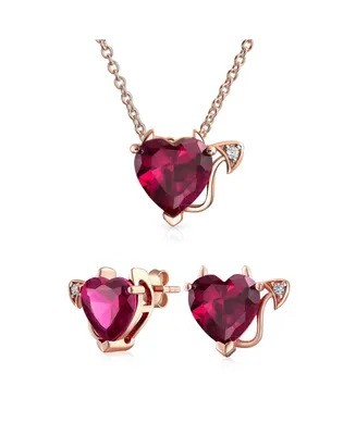 Bling Jewelry Cubic Zirconia Red Cz Devil Heart Necklace Stud Earring Pendant Jewelry Set Rose Gold Plated Sterling Silver